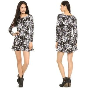 Free People Black Floral Print Long Sleeve A Line Mini Dress Women's Size Medium
